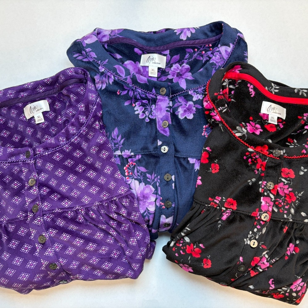 Aria Collection Lot of 3 Velour Nightgowns Womens XL Long Sleeve Soft Loungewear